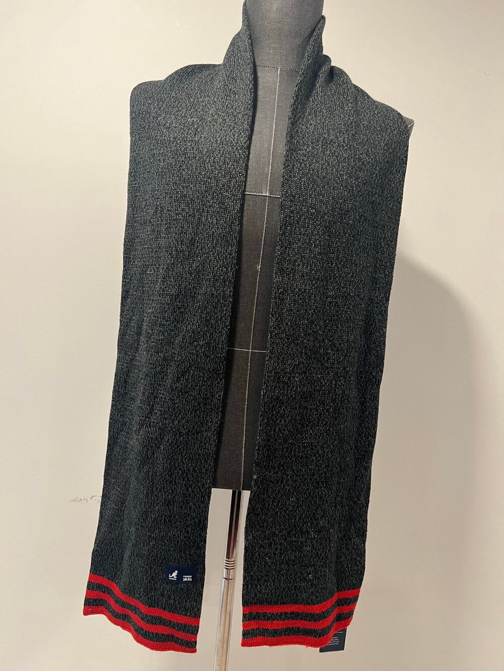 NEW Kangol Winter Scarf Wool Blend Gray w Red Stripes Thick Knit 74" x 7.5" JL